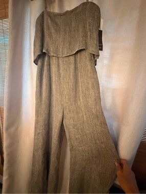 Strapless Herringbone Wide-Leg Jumpsuit in Gray